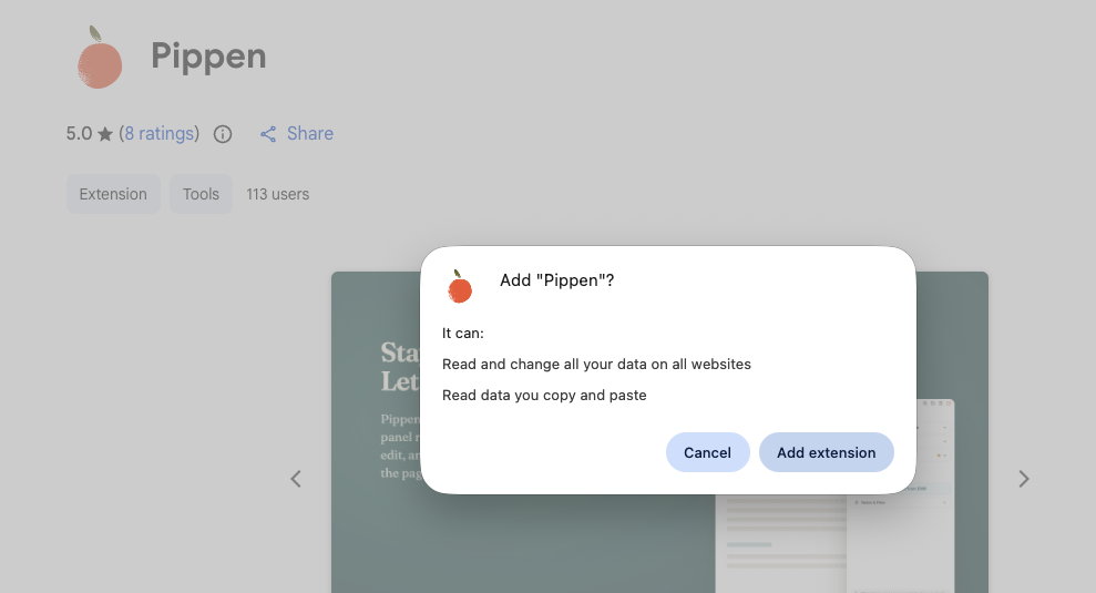 Chrome confirmation dialog asking to add the Pippen extension