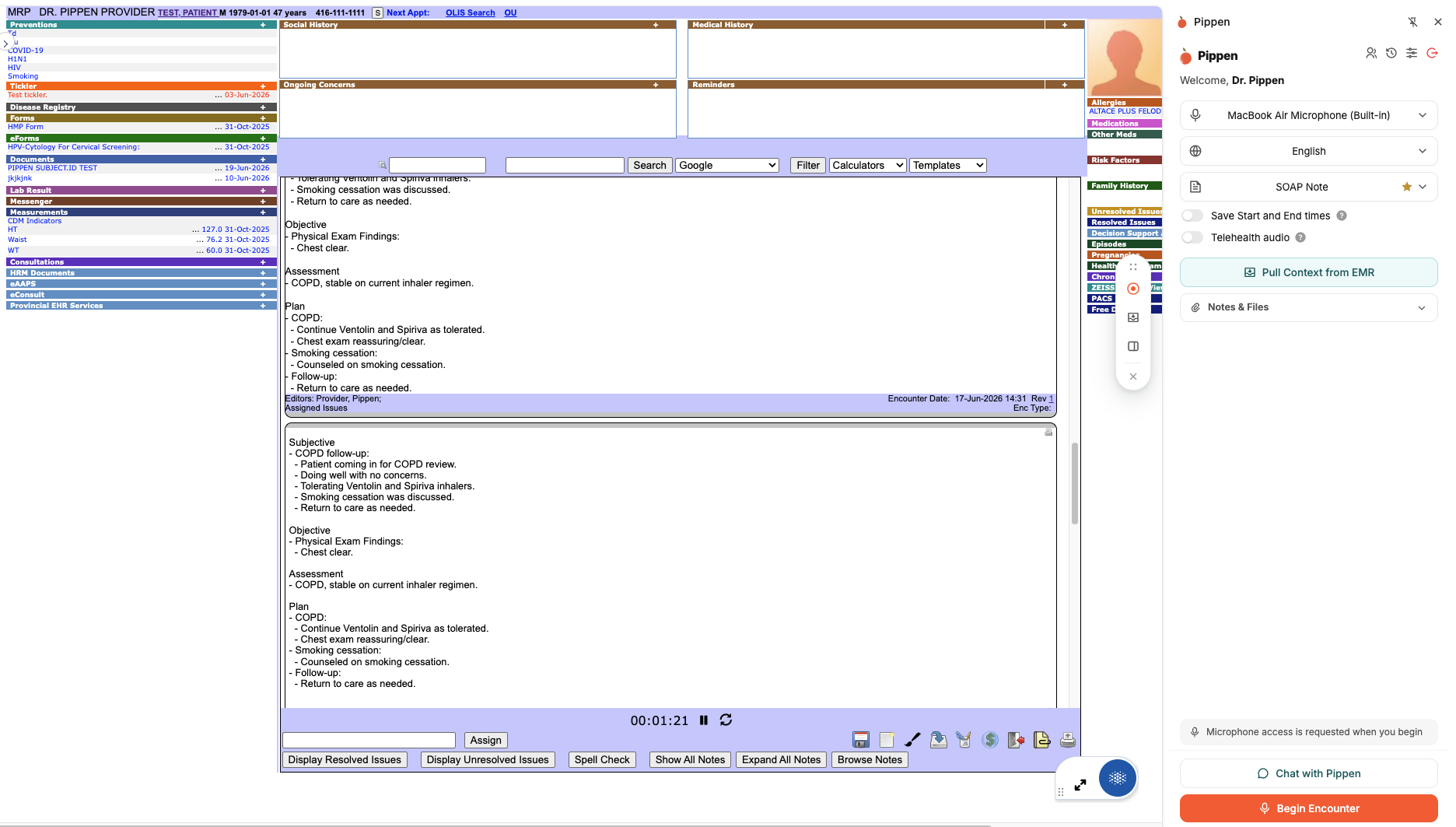 Pippen Chrome extension open beside an Oscar Pro patient chart