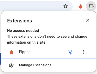 Chrome extensions menu showing Pippen pinned