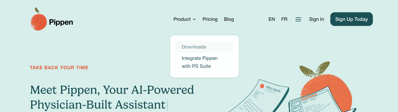 Product menu on pippen.ai with the Downloads option highlighted